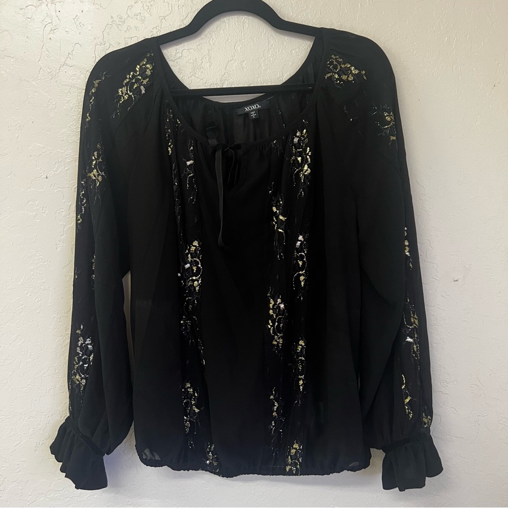 XOXO Black Gold Sheer Lace Gathered Waist Sleeves Velvet Tie Top Sz XL EUC‎